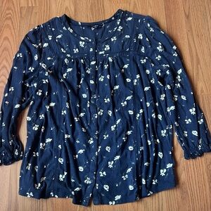 Lucky Brand Navy Blue Top Blouse Ivory Beige Floral Pattern Flowy Fall Sz XL
